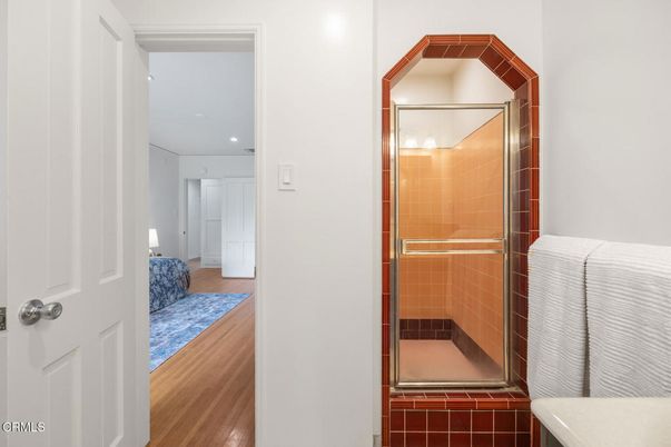 Bathroom, Glass Shower, Interior, Recessed Lighting, Wood Texture Flooring