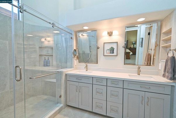 Bathroom, Dual Sink Vanities, Glass Shower, Interior, Recessed Lighting