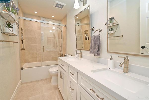 Bathroom, Dual Sink Vanities, Glass Shower, Interior, Recessed Lighting