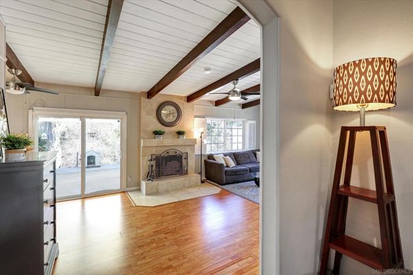 Fireplace, Interior, Living room, Recessed Lighting, Wooden Beams, Wood Texture Flooring