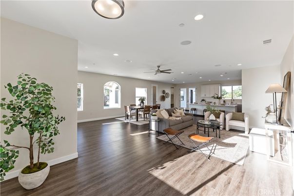 Dining room, Interior, Living room, Recessed Lighting, Wood Texture Flooring