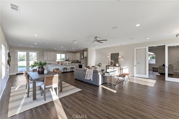 Dining room, Interior, Kitchen, Living room, Recessed Lighting, Wood Texture Flooring