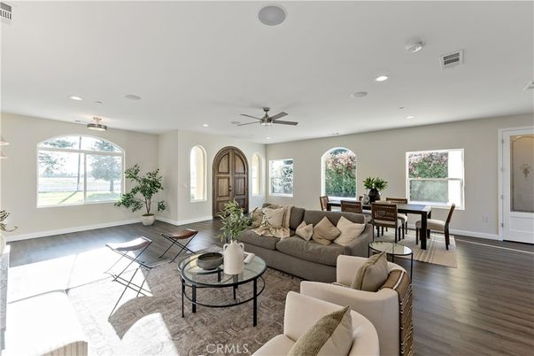 Dining room, Interior, Living room, Recessed Lighting, Wood Texture Flooring