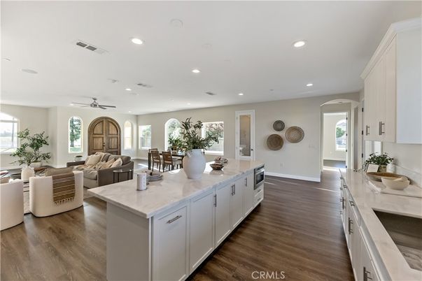 Dining room, Interior, Kitchen, Living room, Recessed Lighting, Wood Texture Flooring
