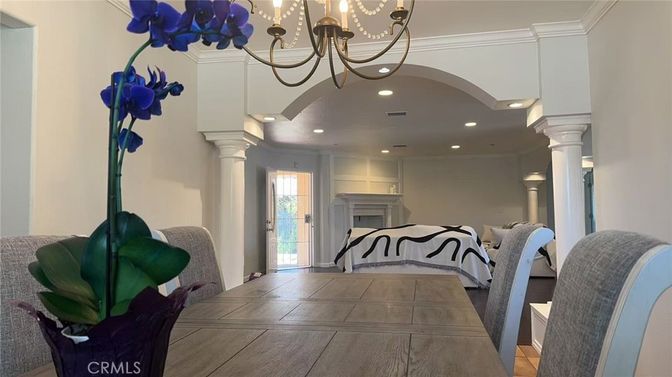 Chandelier, Dining room, Fireplace, Interior, Recessed Lighting