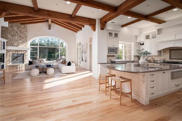Dining room, Fireplace, Interior, Kitchen, Living room, Recessed Lighting, Stainless Steel Appliances, Wooden Beams, Wood Texture Flooring