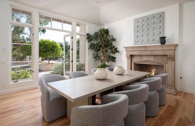 Dining room, Fireplace, Interior, Wood Texture Flooring