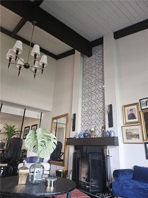Chandelier, Fireplace, Interior