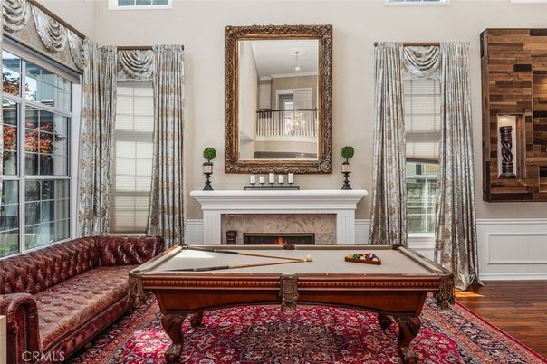 Billiard Table, Fireplace, Game Room, Interior, Wood Texture Flooring