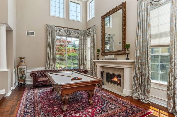 Billiard Table, Fireplace, Game Room, Interior, Wood Texture Flooring