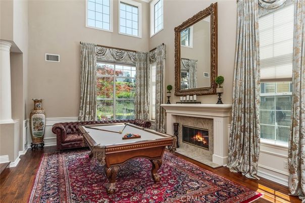 Billiard Table, Fireplace, Game Room, Interior, Wood Texture Flooring