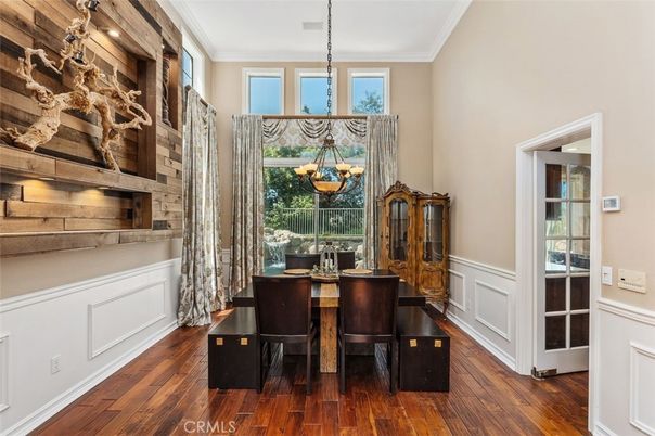 Chandelier, Dining room, Interior, Pendant Lights, Wood Texture Flooring