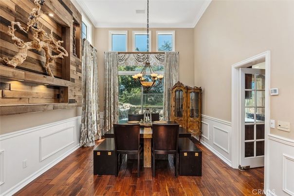 Chandelier, Dining room, Interior, Pendant Lights, Wood Texture Flooring