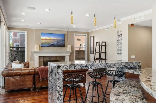 Fireplace, Interior, Living room, Pendant Lights, Recessed Lighting, Wood Texture Flooring