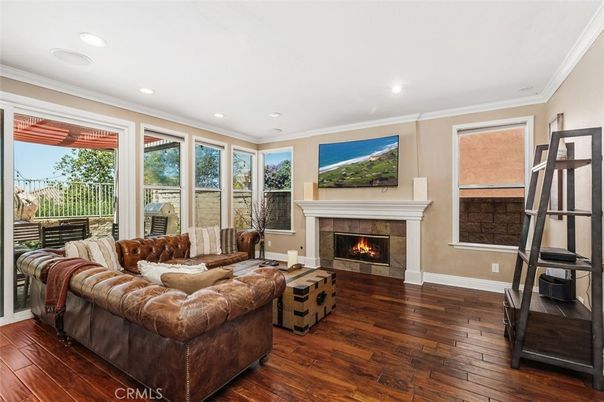 Fireplace, Interior, Living room, Recessed Lighting, Wood Texture Flooring