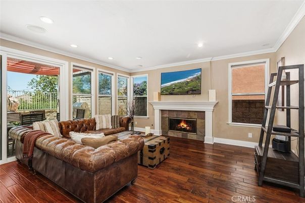 Fireplace, Interior, Living room, Recessed Lighting, Wood Texture Flooring