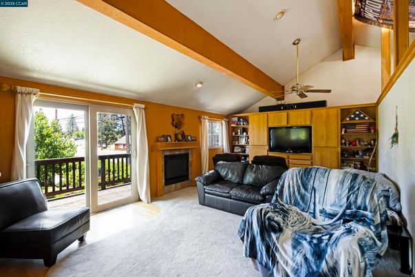 Fireplace, Interior, Living room, Recessed Lighting, Wooden Beams