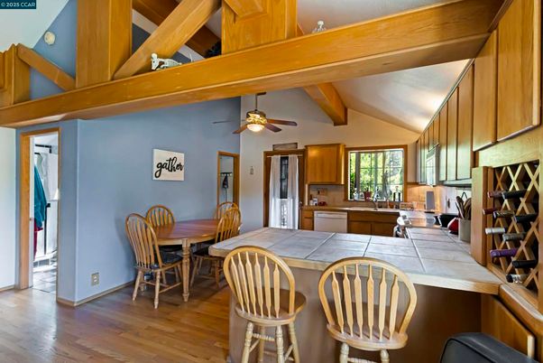 Dining room, Interior, Kitchen, Tile Countertops, Wooden Beams, Wood Texture Flooring