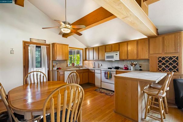 Dining room, Interior, Kitchen, Tile Countertops, Wooden Beams, Wood Texture Flooring