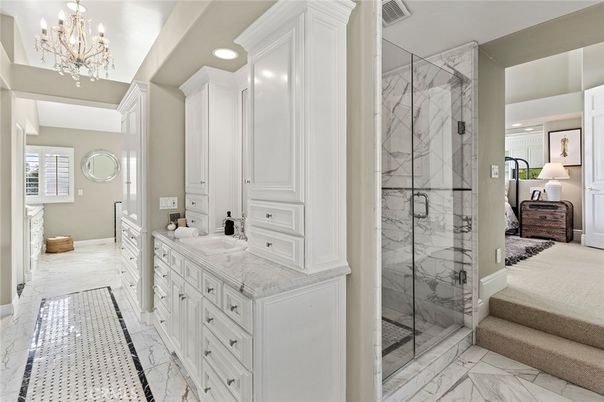 Bathroom, Chandelier, Glass Shower, Interior, Marble, Marble Walls, Recessed Lighting