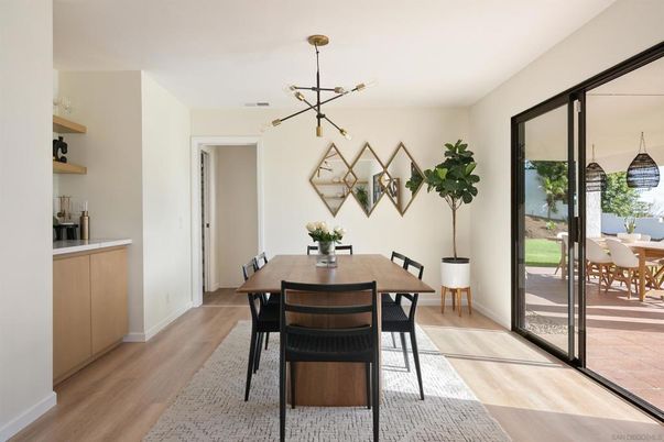 Dining room, Interior, Pendant Lights, Wood Texture Flooring