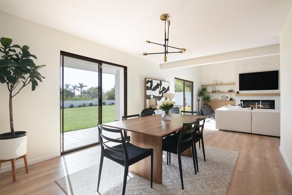 Dining room, Fireplace, Interior, Living room, Pendant Lights, Wood Texture Flooring