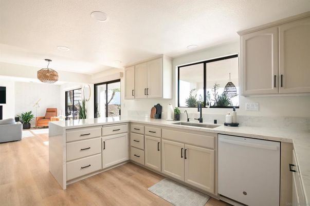 Interior, Kitchen, Pendant Lights, Recessed Lighting, Wood Texture Flooring