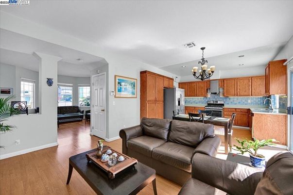 Chandelier, Dining room, Interior, Kitchen, Living room, Recessed Lighting, Wood Texture Flooring