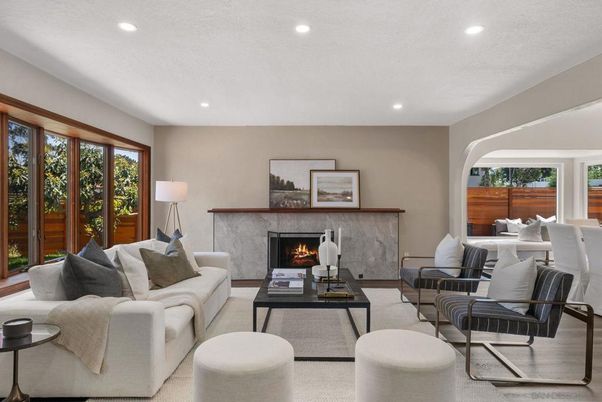 Dining room, Fireplace, Interior, Living room, Recessed Lighting, Wood Texture Flooring