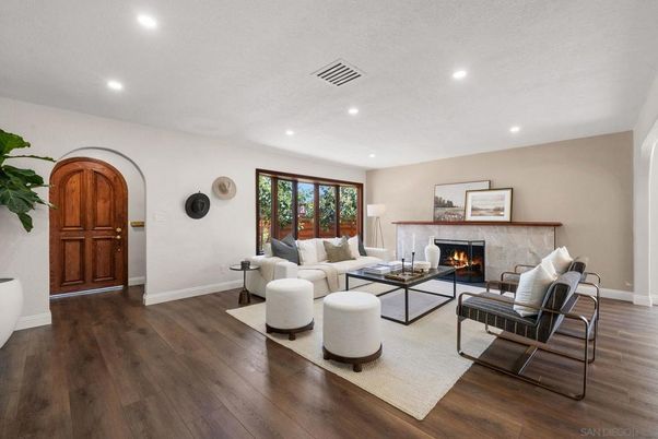 Fireplace, Interior, Living room, Recessed Lighting, Wood Texture Flooring