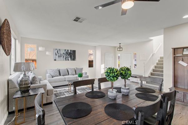 Dining room, Interior, Living room, Recessed Lighting, Wood Texture Flooring
