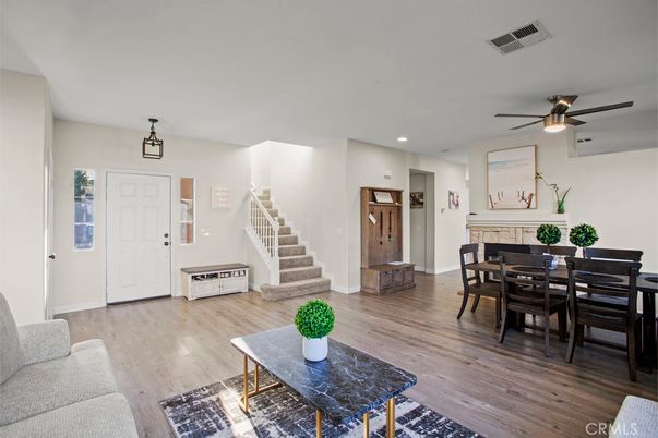 Dining room, Fireplace, Interior, Recessed Lighting, Wood Texture Flooring