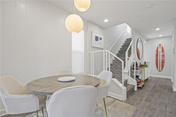 Dining room, Interior, Pendant Lights, Recessed Lighting, Wood Texture Flooring