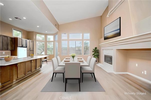 Dining room, Fireplace, Interior, Kitchen, Recessed Lighting, Wood Texture Flooring