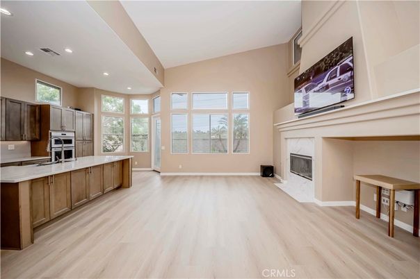 Fireplace, Interior, Kitchen, Recessed Lighting, Wood Texture Flooring