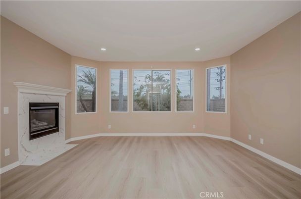 Empty room, Fireplace, Interior, Recessed Lighting, Wood Texture Flooring
