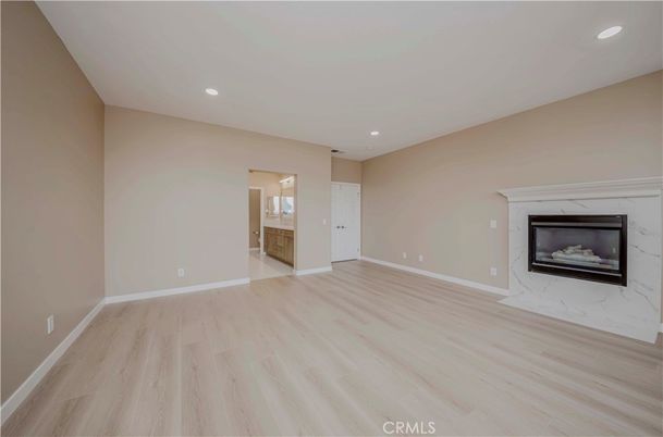 Empty room, Fireplace, Interior, Recessed Lighting, Wood Texture Flooring