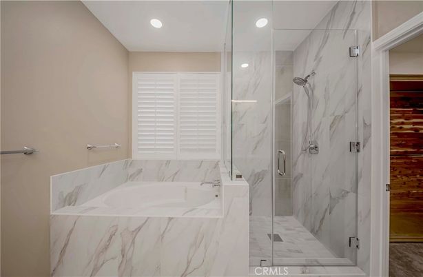 Bathroom, Glass Shower, Interior, Marble Walls, Recessed Lighting