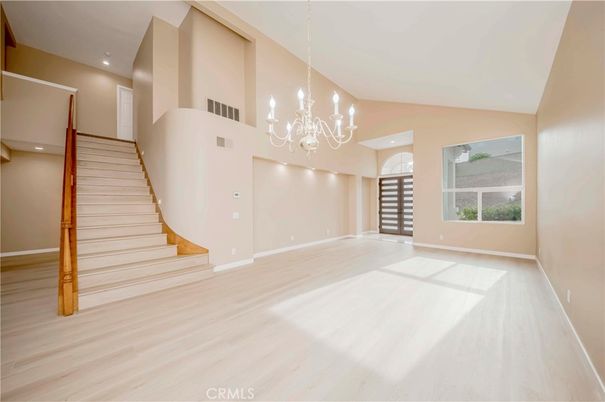 Chandelier, Empty room, Interior, Recessed Lighting, Wood Texture Flooring