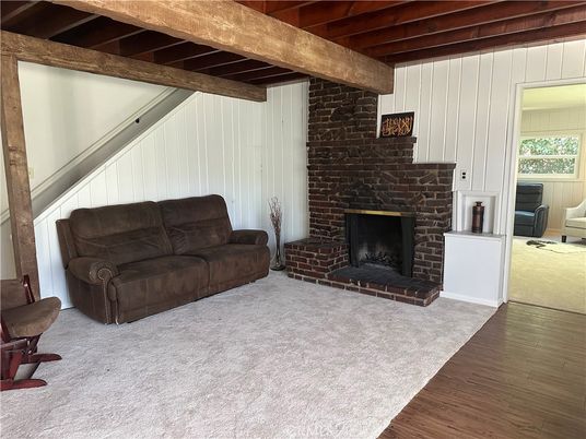 Fireplace, Interior, Living room, Stone Walls, Wooden Beams, Wood Texture Flooring