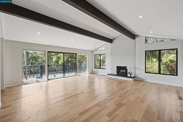 Empty room, Fireplace, Interior, Recessed Lighting, Wooden Beams, Wood Texture Flooring