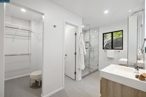 Bathroom, Glass Shower, Interior, Recessed Lighting, Walk-in Closets