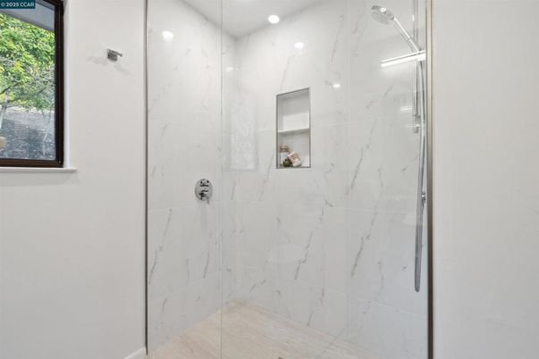 Bathroom, Glass Shower, Interior, Marble Walls, Recessed Lighting