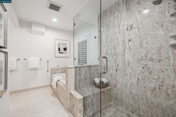 Bathroom, Glass Shower, Interior, Marble Walls, Recessed Lighting