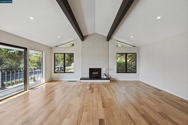 Empty room, Fireplace, Interior, Recessed Lighting, Wooden Beams, Wood Texture Flooring