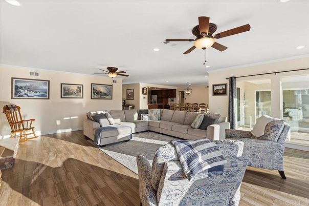 Dining room, Interior, Living room, Recessed Lighting, Wood Texture Flooring