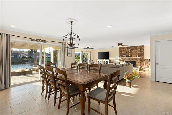 Dining room, Fireplace, Interior, Living room, Pendant Lights, Recessed Lighting, Water