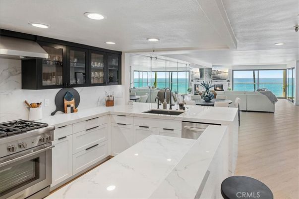 Interior, Kitchen, Living room, Recessed Lighting, Stainless Steel Appliances, Water, Wood Texture Flooring