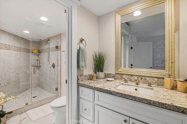Bathroom, Glass Shower, Interior, Marble Walls, Recessed Lighting