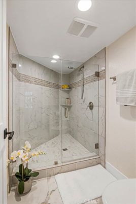 Bathroom, Glass Shower, Interior, Marble Walls, Recessed Lighting